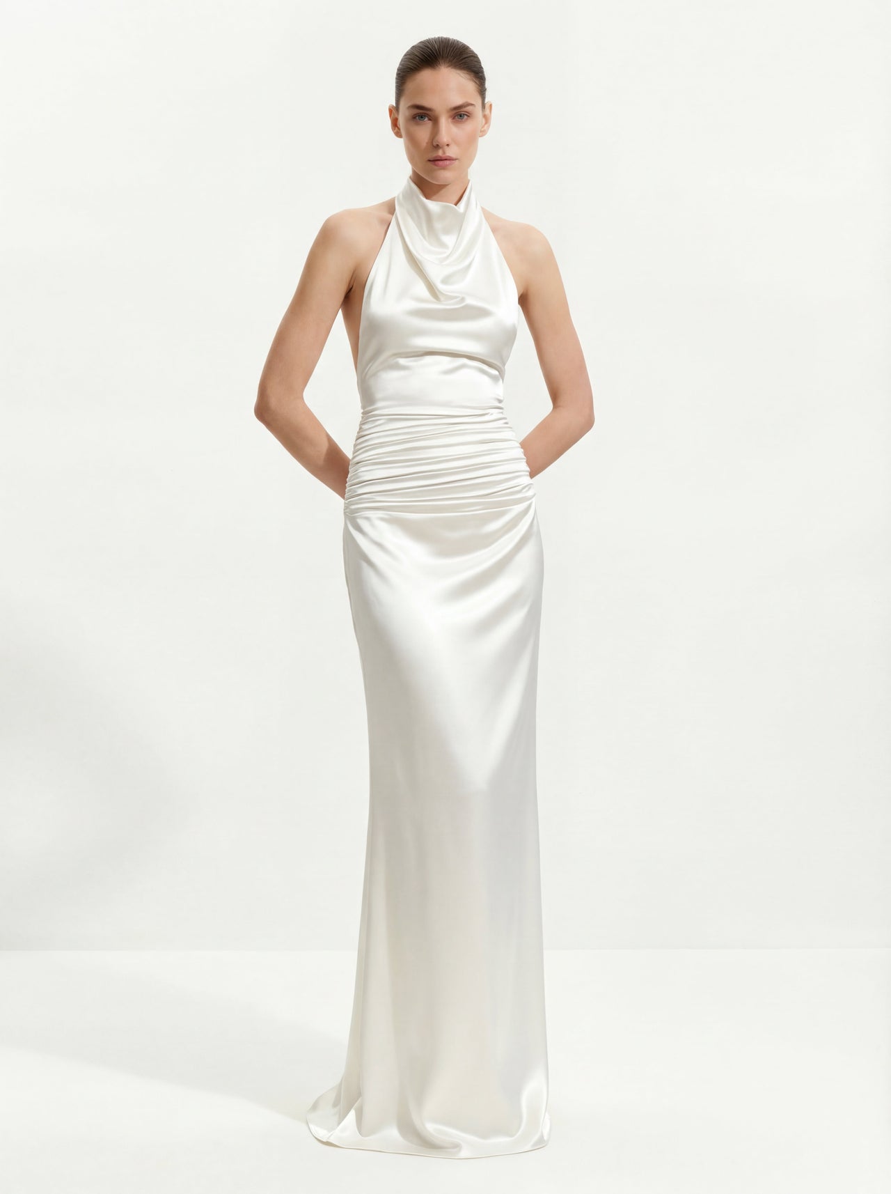 Satin Cowl Neck Ruched Maxi Gown - White