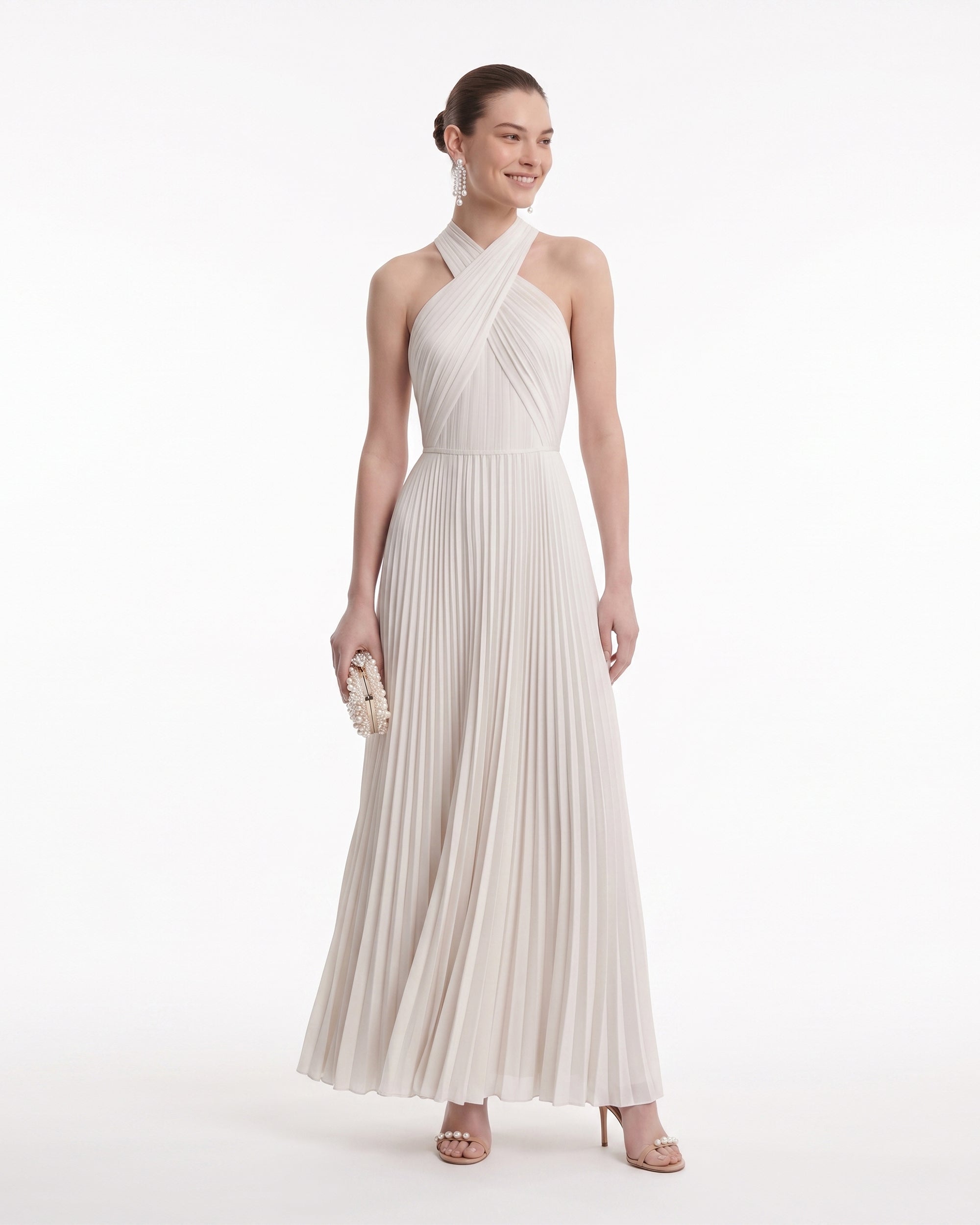 Pleated Cross Halter Maxi Dress - Ivory – JW PEI LATAM
