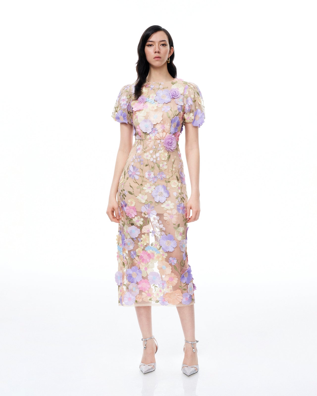 Alaric Round Neck 3D Floral Embroidered Maxi Dress - Pastel Multi