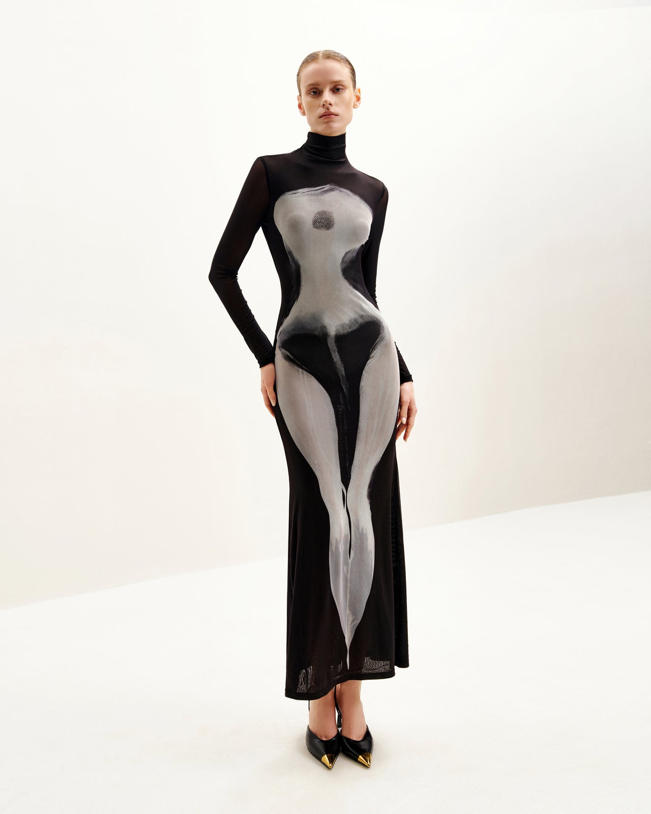 Eva Body Print Mesh Dress - Black and White