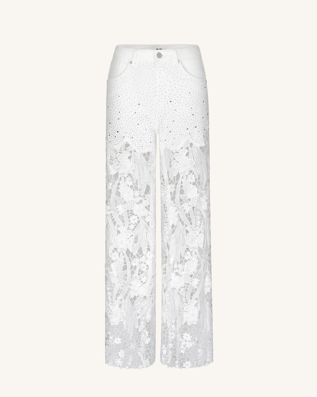 Embroidery High Rise Wide Leg Lace Denim Jeans With Rhinestone - White