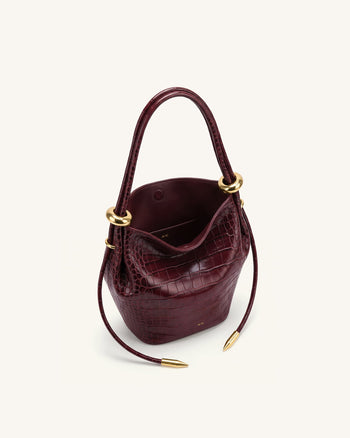 Ellie Metal Ring Embellished Bucket Bag - Burgundy Croc