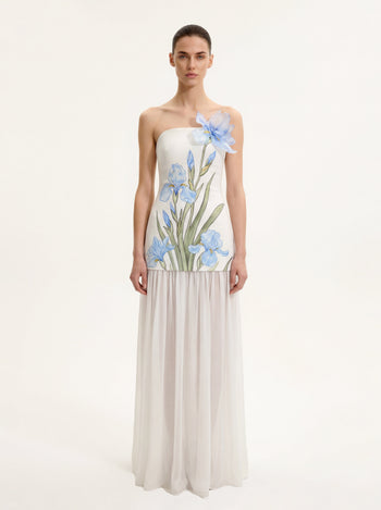 Floral Print Strapless Mixed Maxi Dress - Ivory