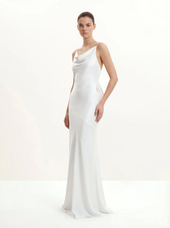Satin Cowl-Neck Bow-Back Maxi Dress - White
