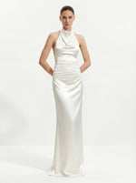 Satin Cowl Neck Ruched Maxi Gown - White