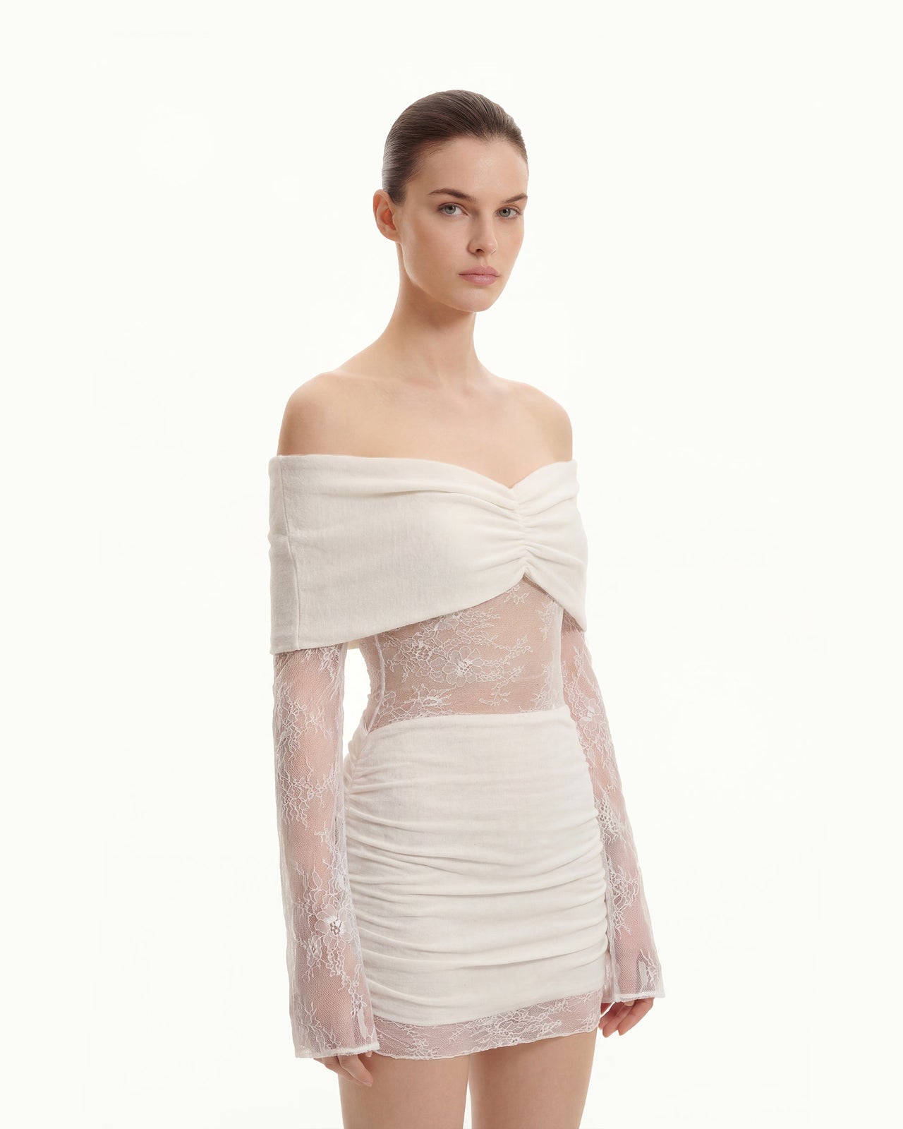 Off-Shoulder Ruched Mini Dress with Lace Sleeves - White