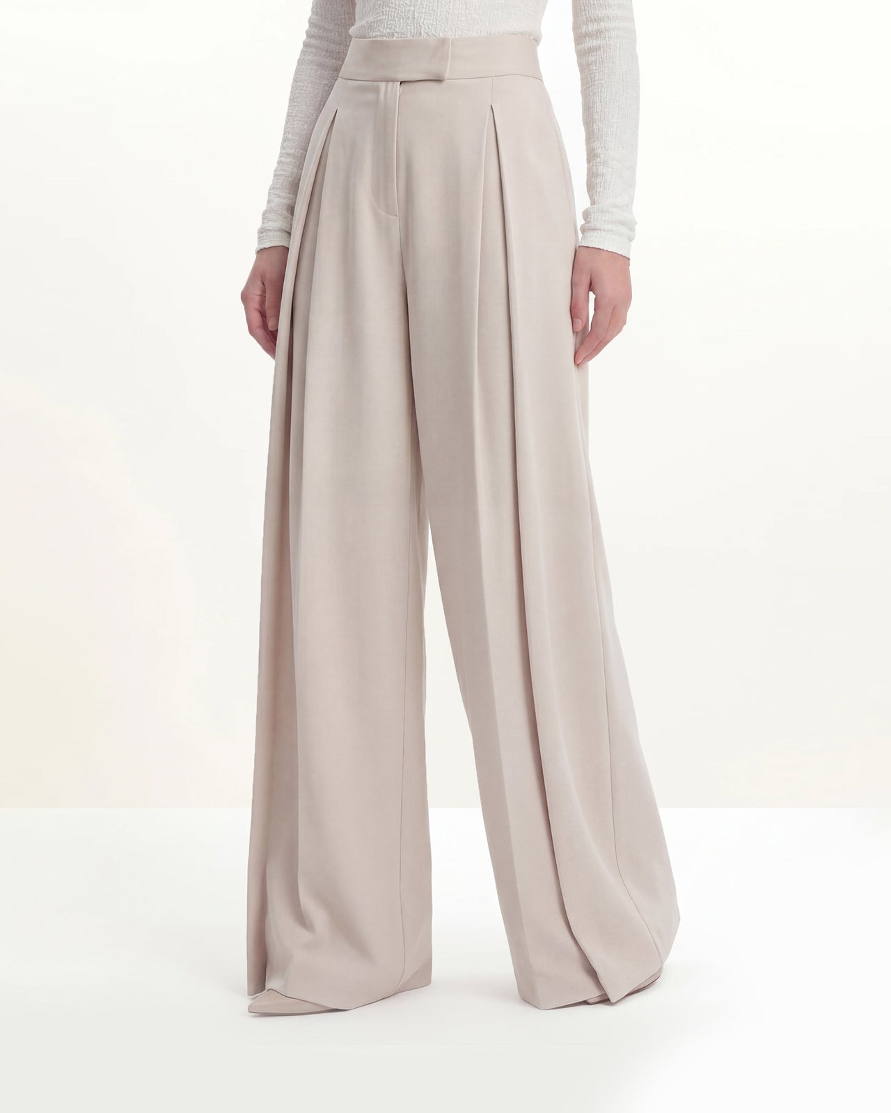 Pleated Wide-Leg Trousers - Beige