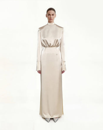 Structured Shoulder Design Satin High-Neck Fitted Maxi Dress - Cream