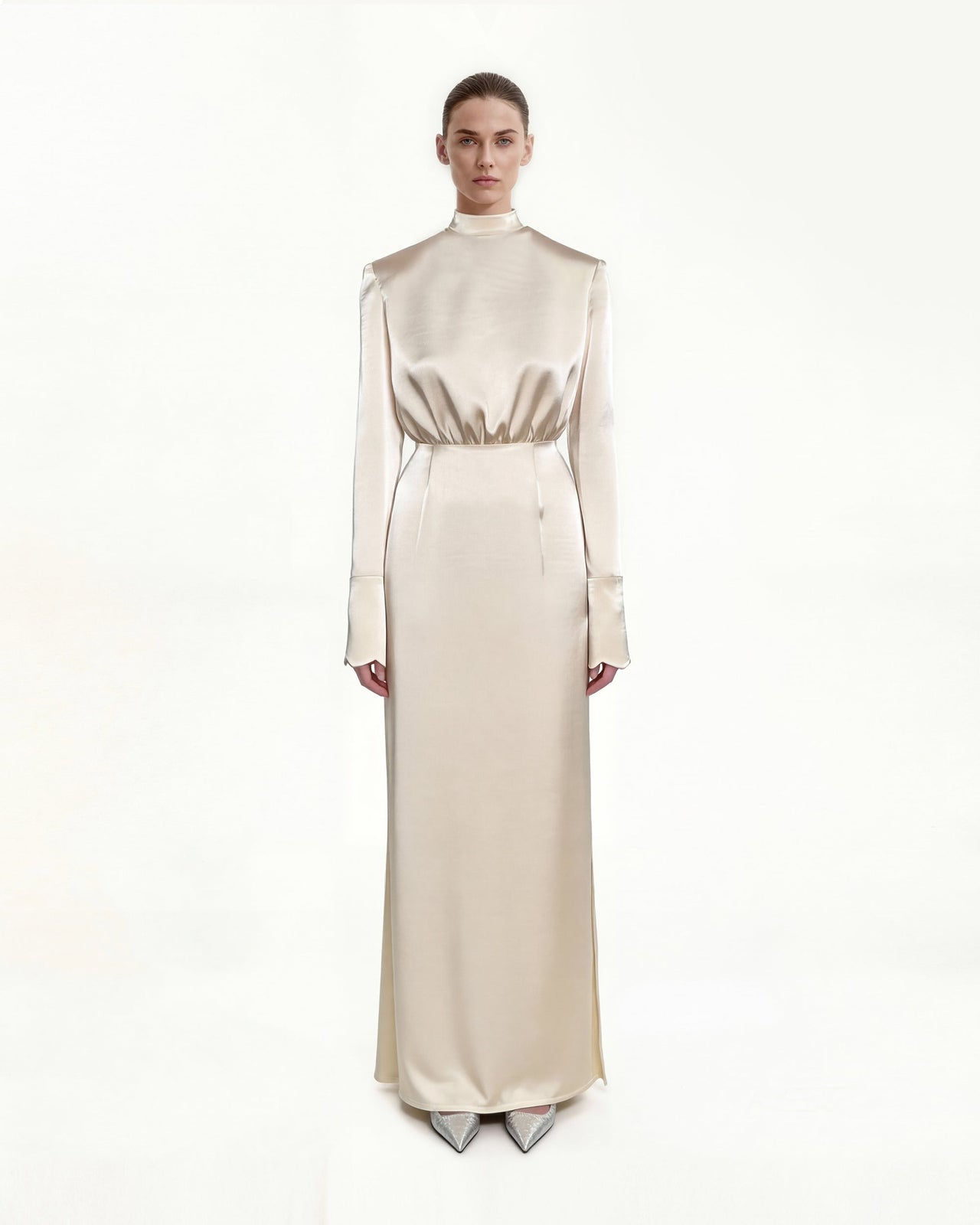 Structured Shoulder Design Satin High-neck Fitted Midi Dress - Cream