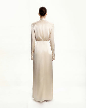 Structured Shoulder Design Satin High-Neck Fitted Maxi Dress - Cream