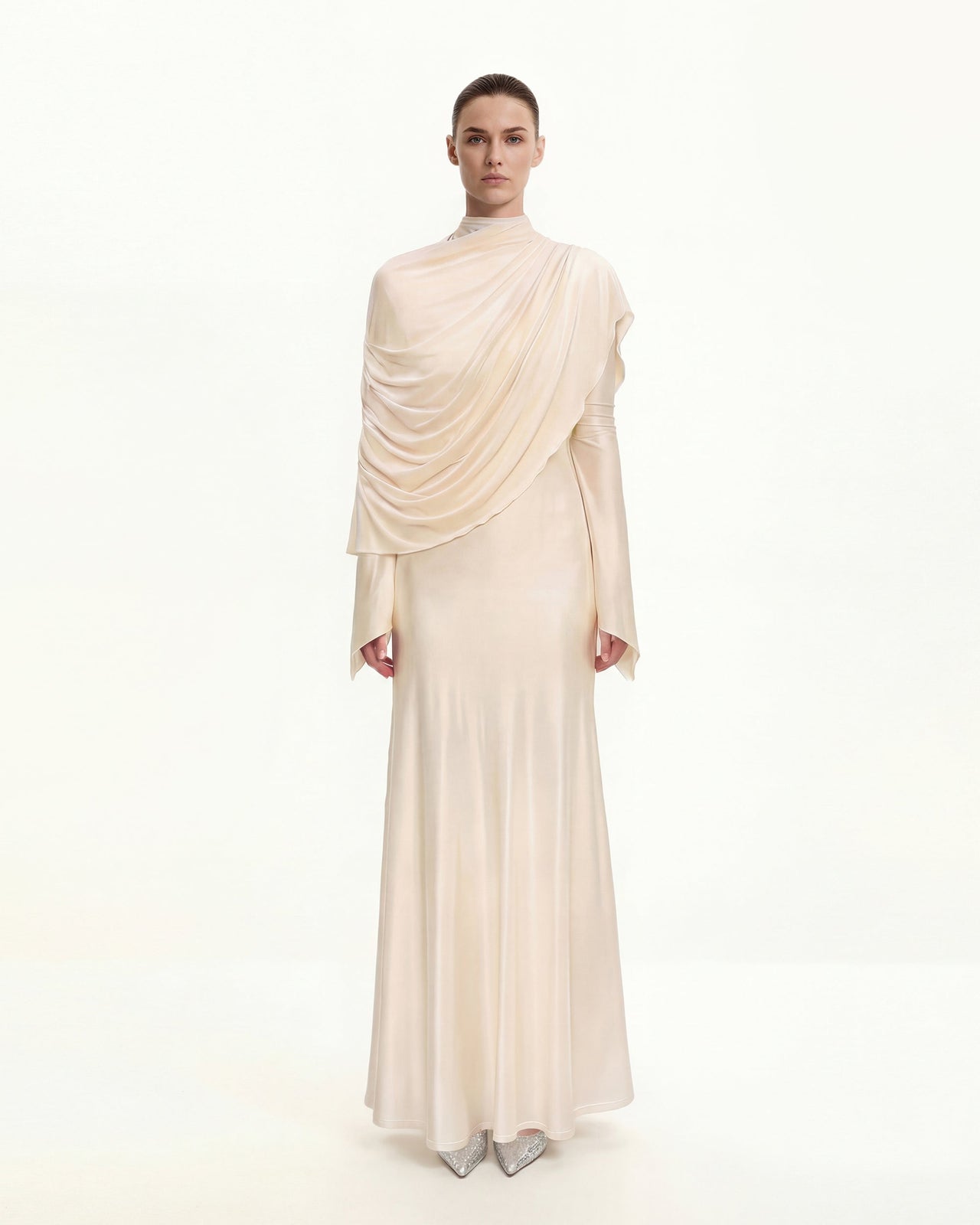 Sheer Shawl Ruched Bodycon Maxi Gown - Cream