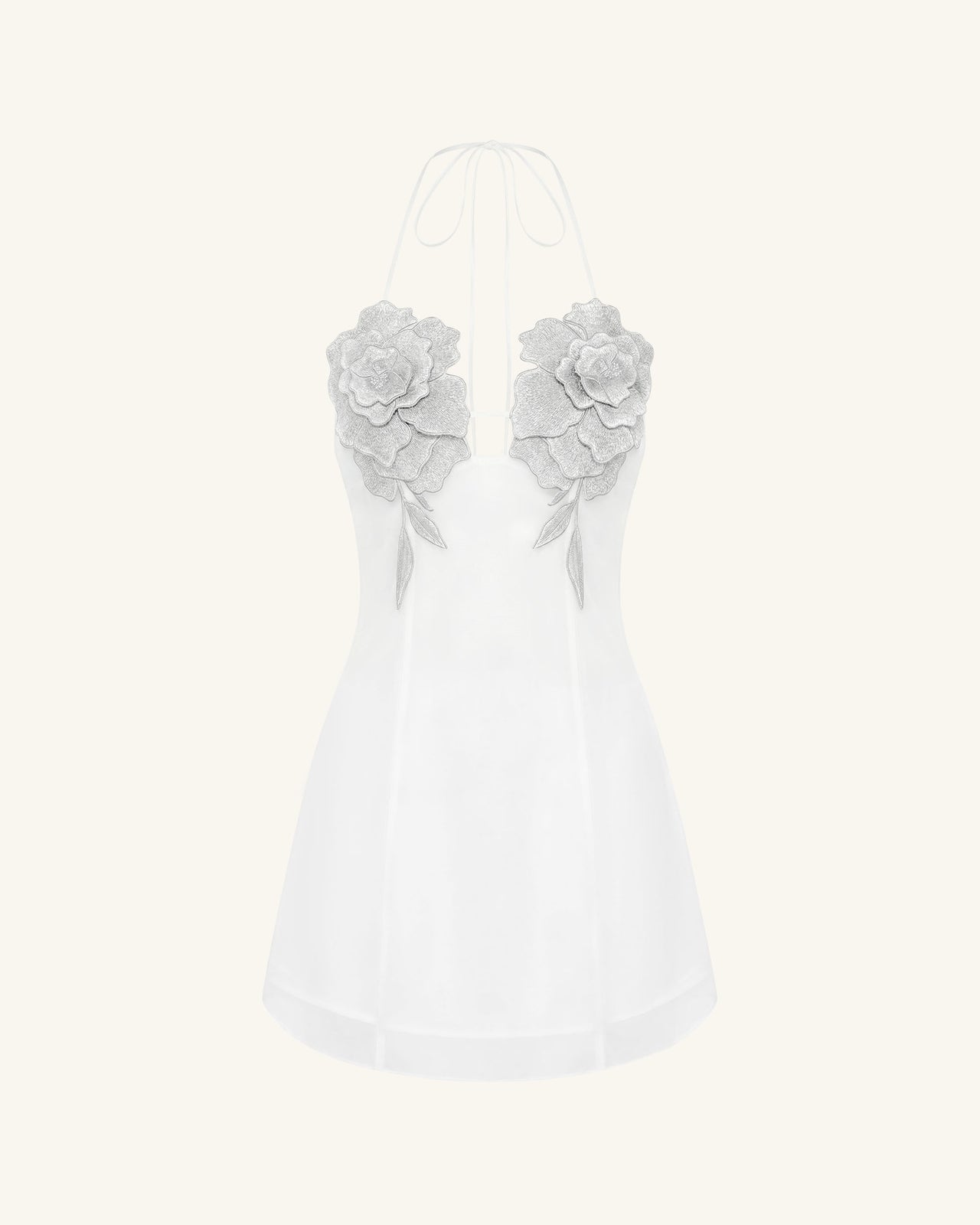 Flower Embroidered Mini Dress - White