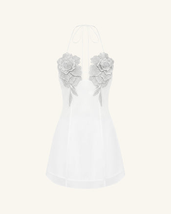 Flower Embroidered Mini Dress - White