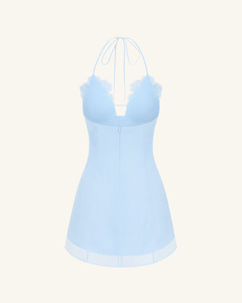 Flower Embroidered Mini Dress - Blue