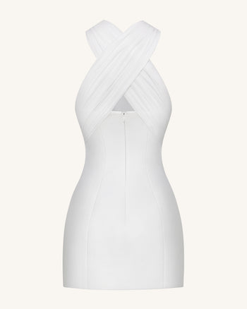 Satin Mini Dress with Tulle Cross-Halter - White