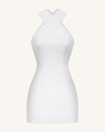 Satin Mini Dress with Tulle Cross-Halter - White
