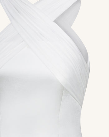 Satin Mini Dress with Tulle Cross-Halter - White