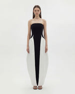 Monochrome Paneled Strapless Sculptural Maxi Dress - Black