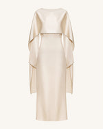 198Pearl-Trimmed Cape Sleeve Boat Neck Maxi Gown-Cream