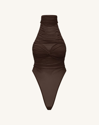 Ruched Twist-Front Halter Bodysuit - Brown