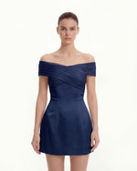 Satin Mini Dress with Tulle Cross-Halter - Navy blue