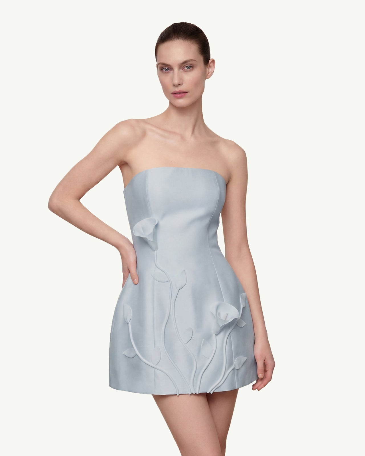 3D Vine Floral Strapless Mini Dress - Blue