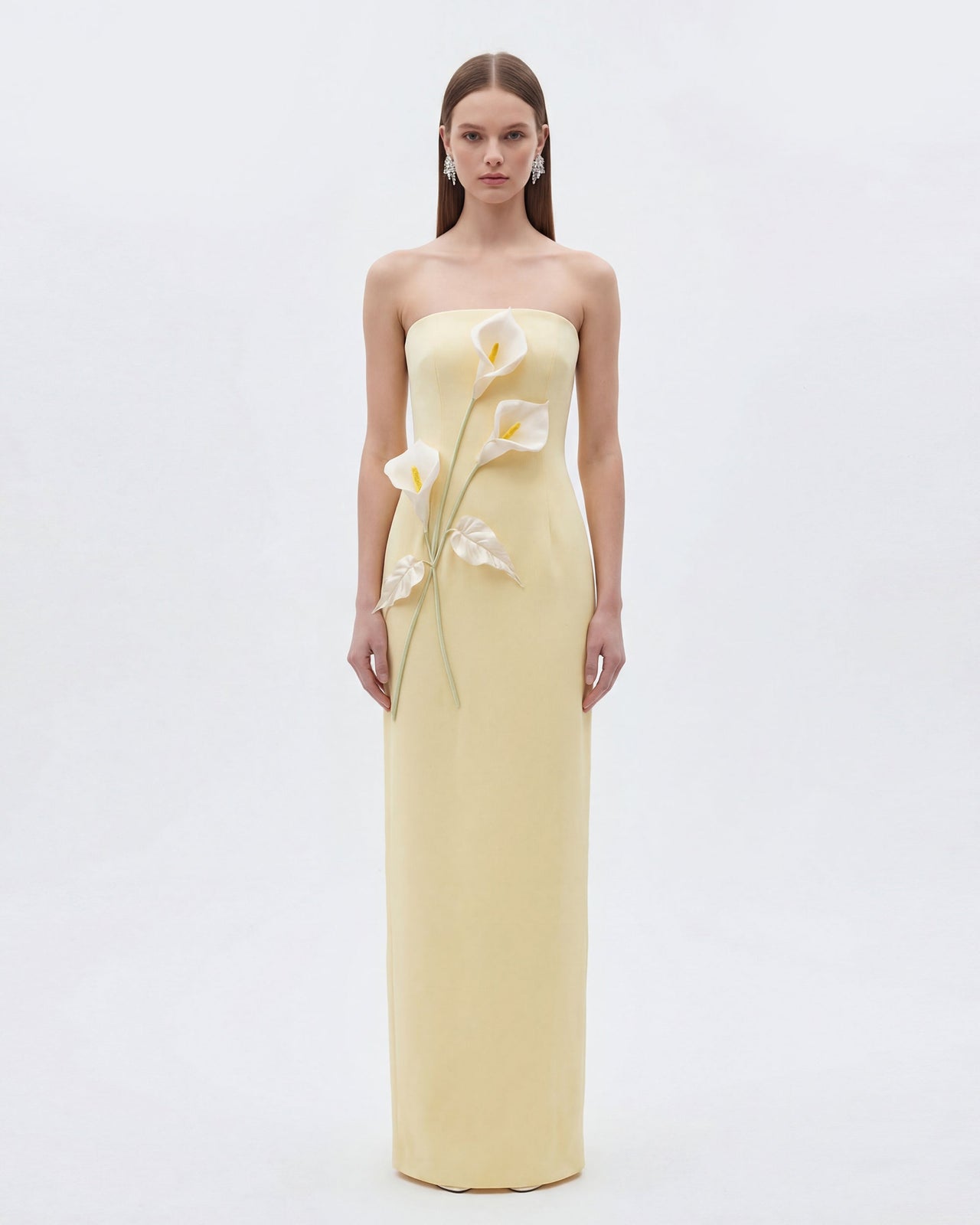 Floral Appliqué Strapless Dress - Yellow