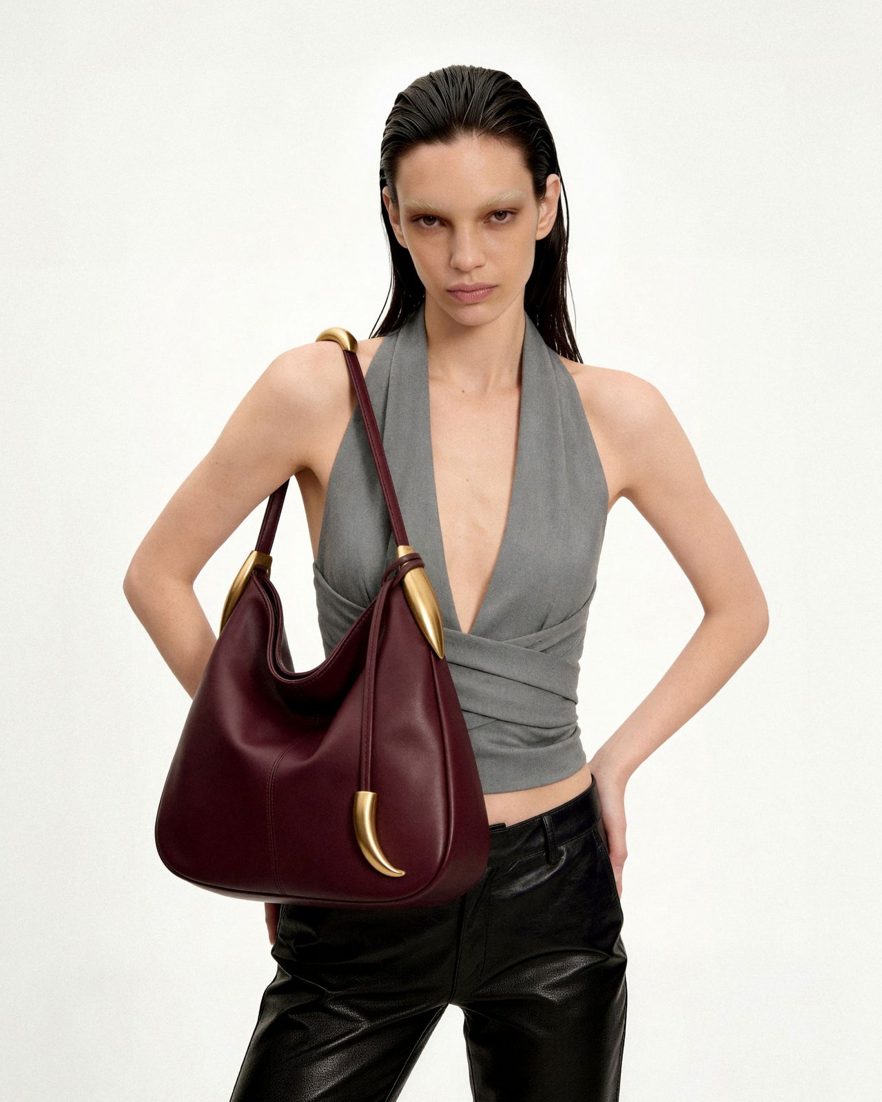 Nina Metal Charm Hobo Bag - Burgundy
