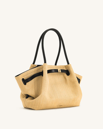 Hana  Medium Faux Straw Tote Bag - Brown Straw