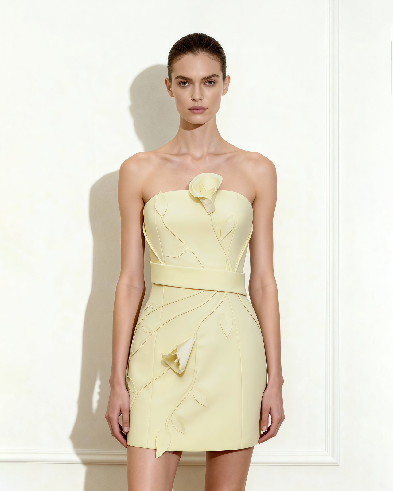 3D Floral Appliqué Strapless Mini Dress - Yellow