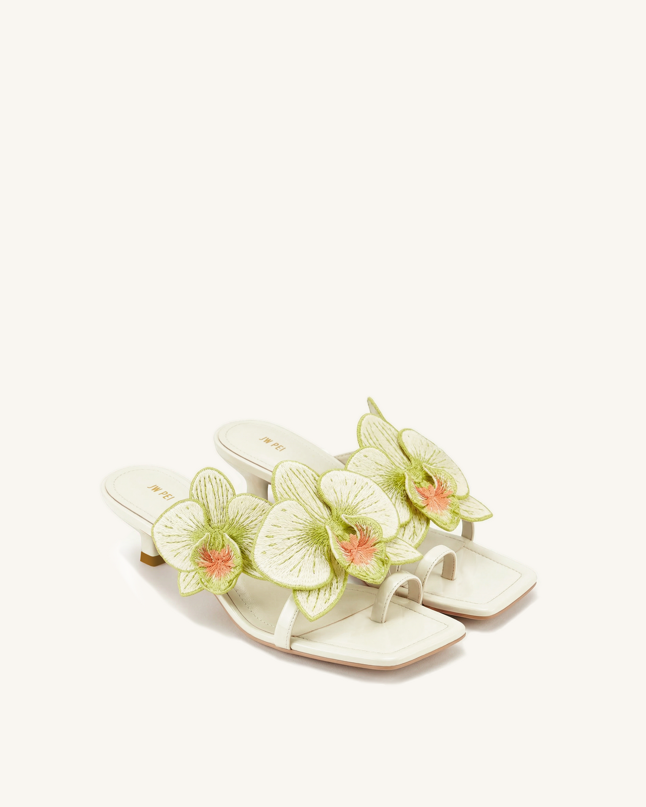 Serena Orchid Embroidered Toe Ring Heeled Sandals - Ivory Green