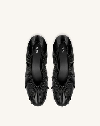 Solenne Ruched Drawstring Ballet Flats - Black