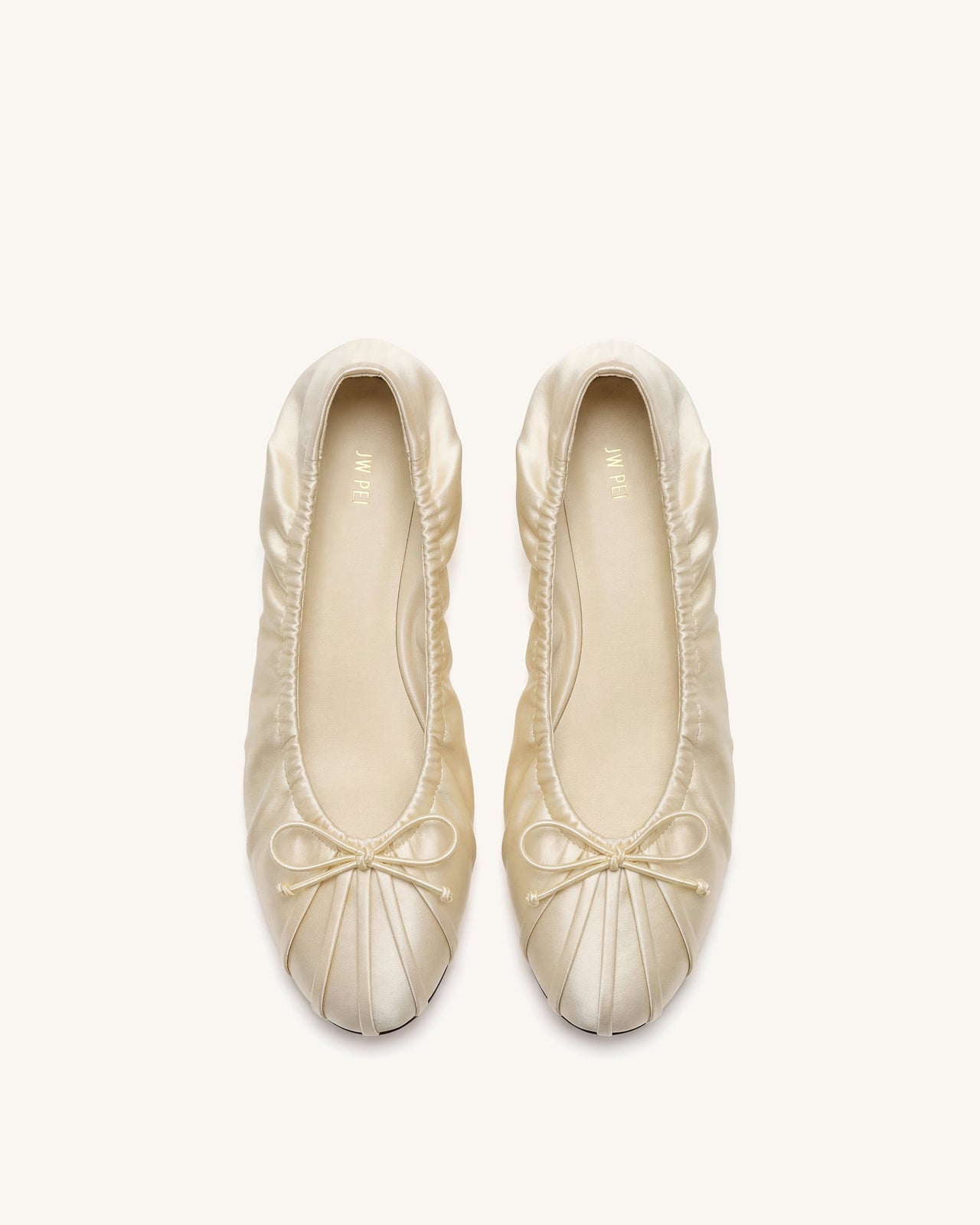 Solenne Ruched Drawstring Satin Ballet Flats - Beige
