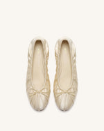 Elara Ruched Drawstring Satin Ballet Flats - Beige