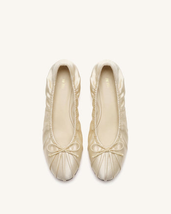 Solenne Ruched Drawstring Satin Ballet Flats - Beige