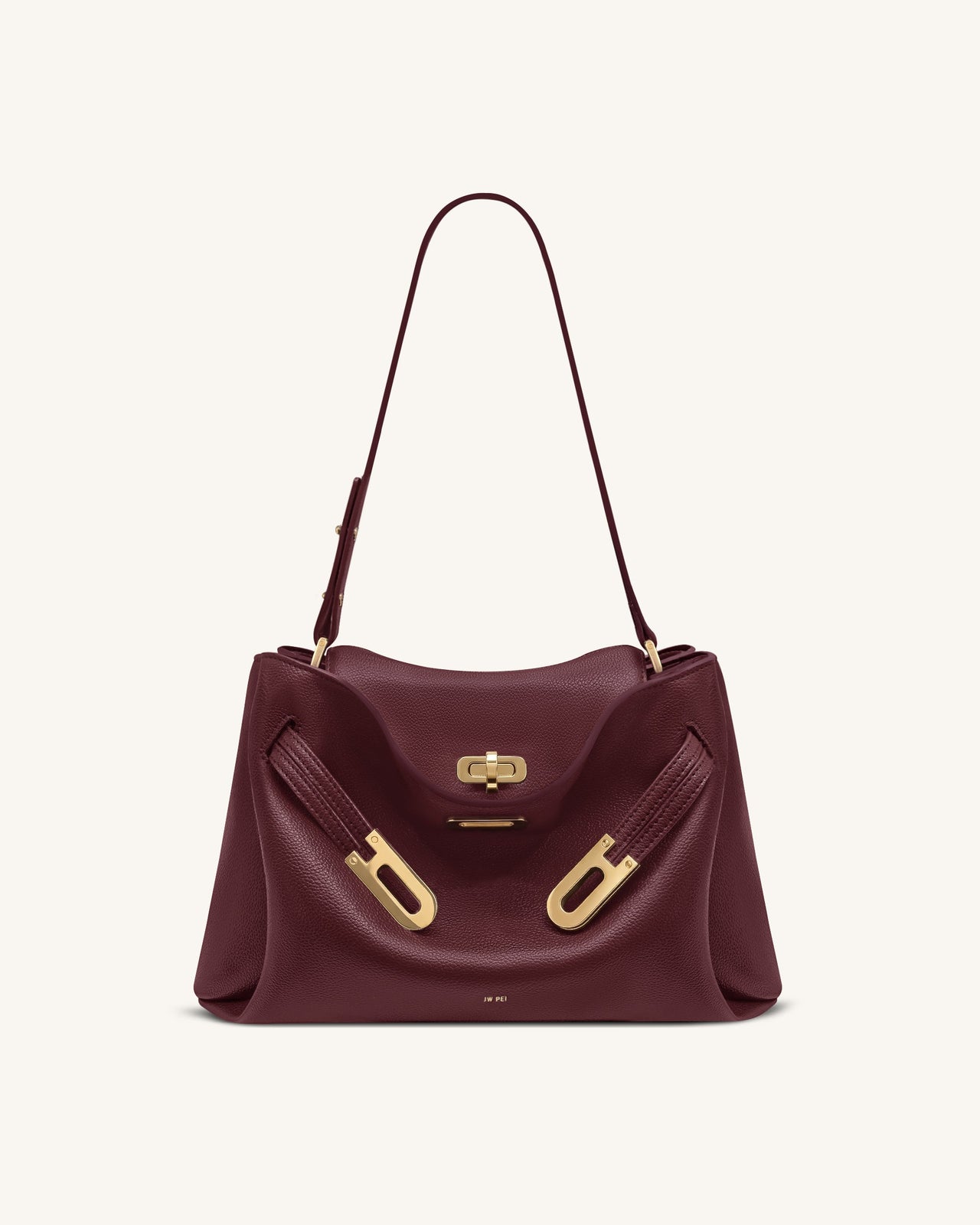Rhea Pebbled Double Buckle Shoulder Bag - Dark Burgundy