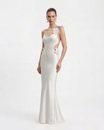 3D Floral Appliqué Satin Dress - White