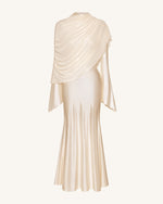 Sheer Shawl Ruched Bodycon Maxi Gown - Cream