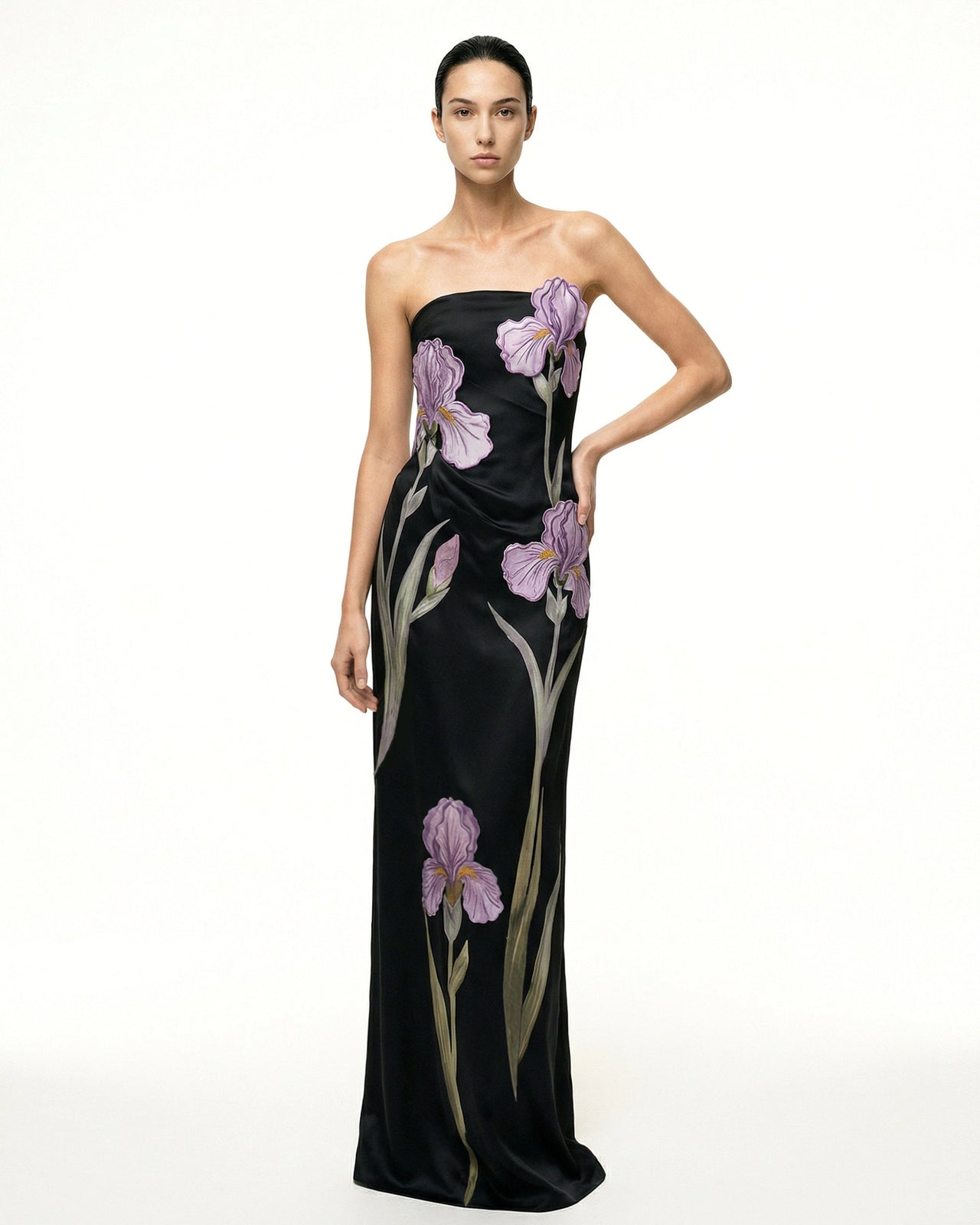 Iris Floral-Appliqué Strapless Maxi Dress - Black