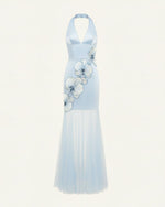 Orchid Embroidered Sheer Hem Halter Maxi Dress - Light Blue