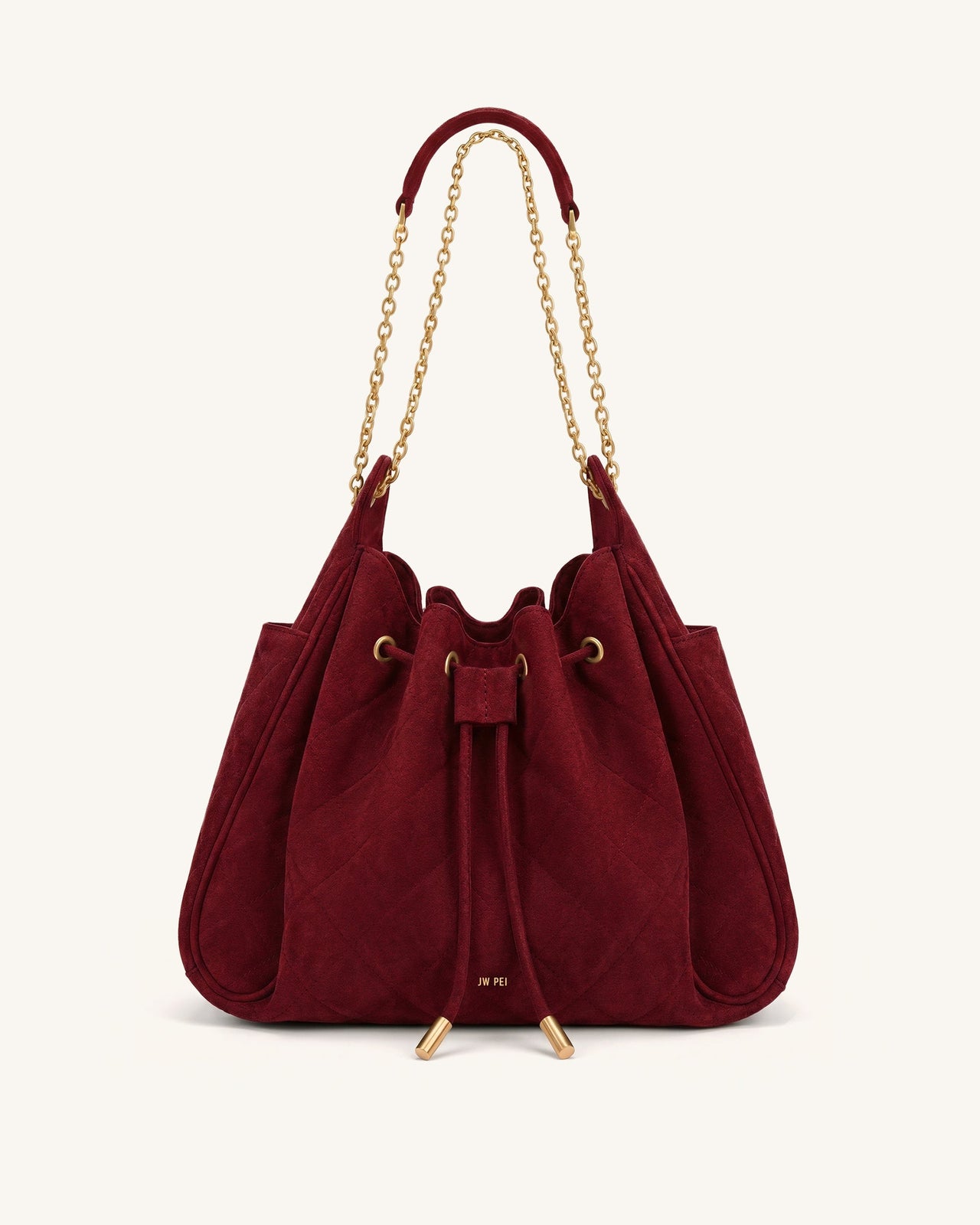 Rowan Faux Suede Quilted Chain Bucket Bag - Dark Red