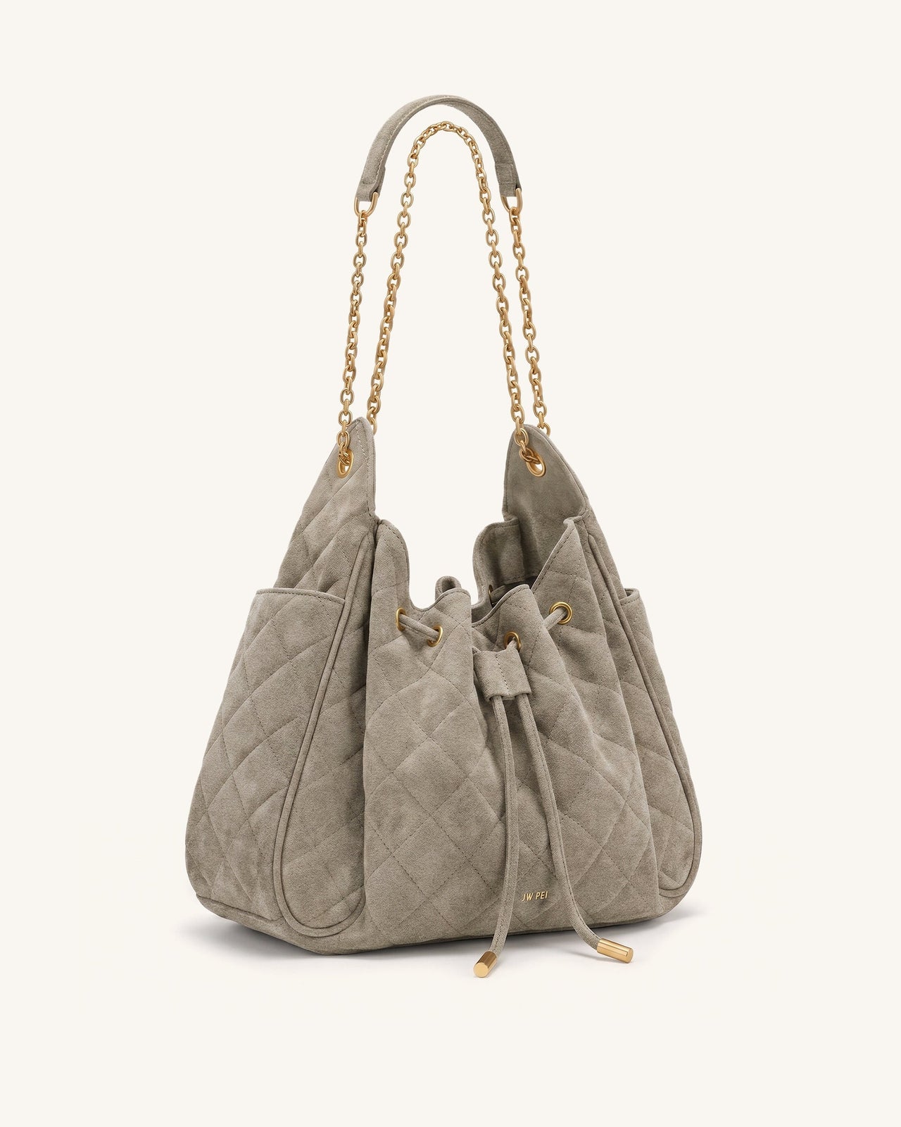 Rowan Faux Suede Quilted Chain Bucket Bag - Gray