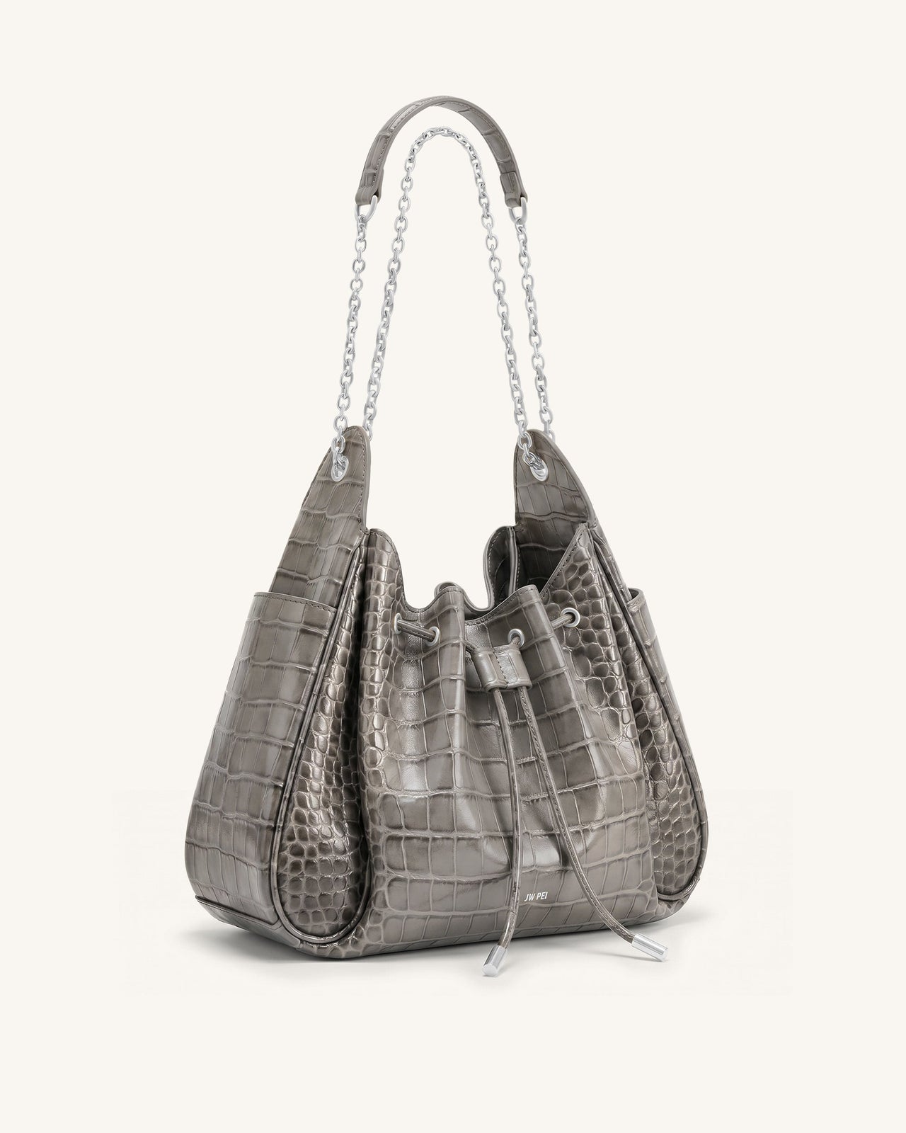 Rowan Ruched Drawstring Chain Bucket Bag - Grey Croc