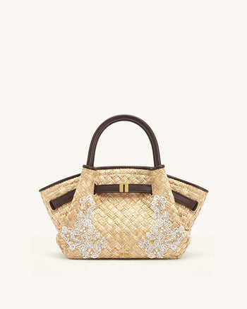 Hana Mini Faux Straw Beading Tote Bag - Brown