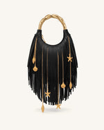 Chloe Metal Handle Fringe Top Handbag - Black