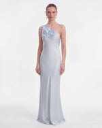 Floral Appliqué One Shoulder Maxi Dress - Light Blue