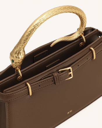 Elena Snake Handle Top Handle Bag - Dark Brown