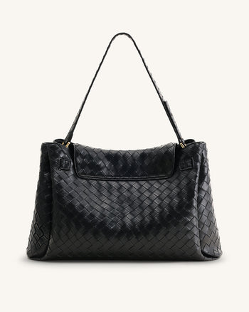 Rhea Large Woven Textured Shoulder Bag - Black