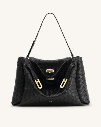 Rhea Large Woven Textured Shoulder Bag - Black