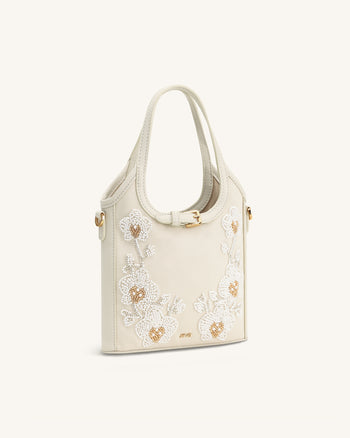 Brooke Mini Belted Embellished Orchid Beaded Top Handle Bag - Ivory